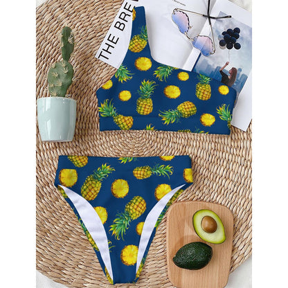 Blue Pineapple Pattern Print One Shoulder Bikini Top