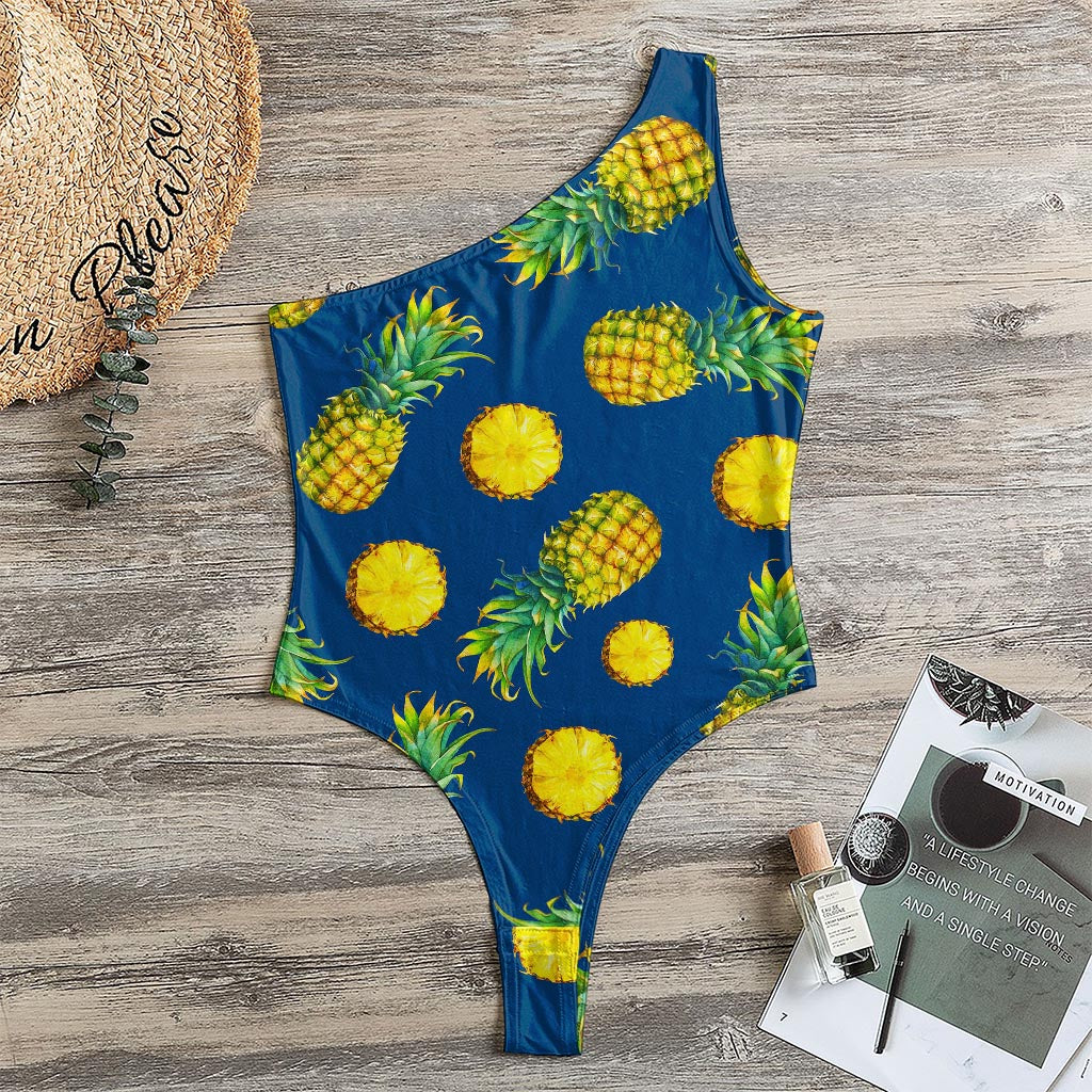 Blue Pineapple Pattern Print One Shoulder Bodysuit