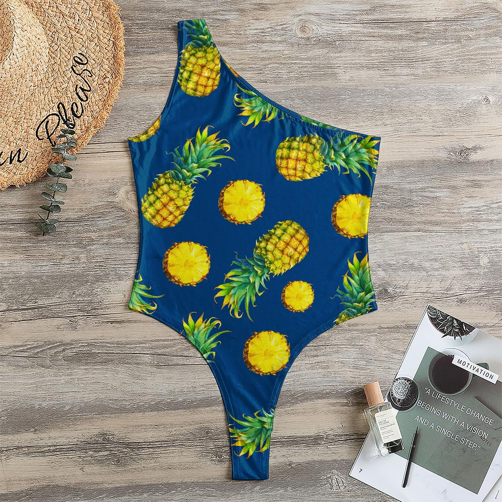 Blue Pineapple Pattern Print One Shoulder Bodysuit