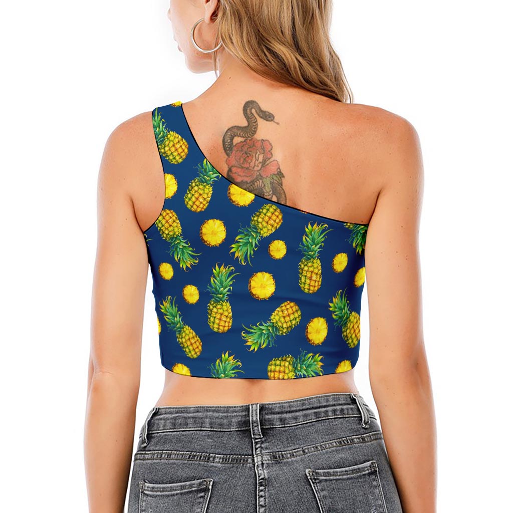 Blue Pineapple Pattern Print One Shoulder Crop Top