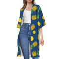Blue Pineapple Pattern Print Open Front Beach Cover Up