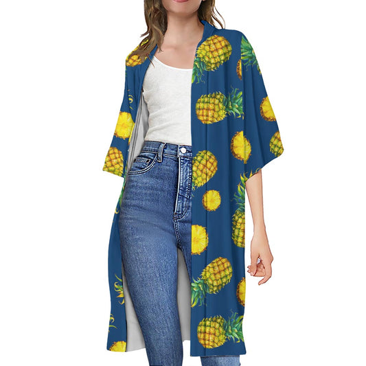 Blue Pineapple Pattern Print Open Front Beach Cover Up