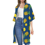 Blue Pineapple Pattern Print Open Front Beach Cover Up