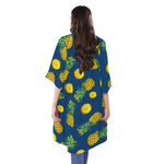 Blue Pineapple Pattern Print Open Front Beach Cover Up
