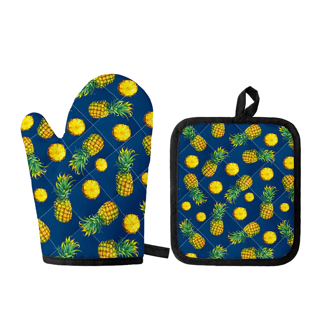 Blue Pineapple Pattern Print Oven Mitt And Pot Holder Set