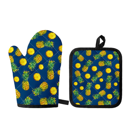 Blue Pineapple Pattern Print Oven Mitt And Pot Holder Set