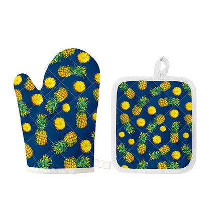 Blue Pineapple Pattern Print Oven Mitt And Pot Holder Set