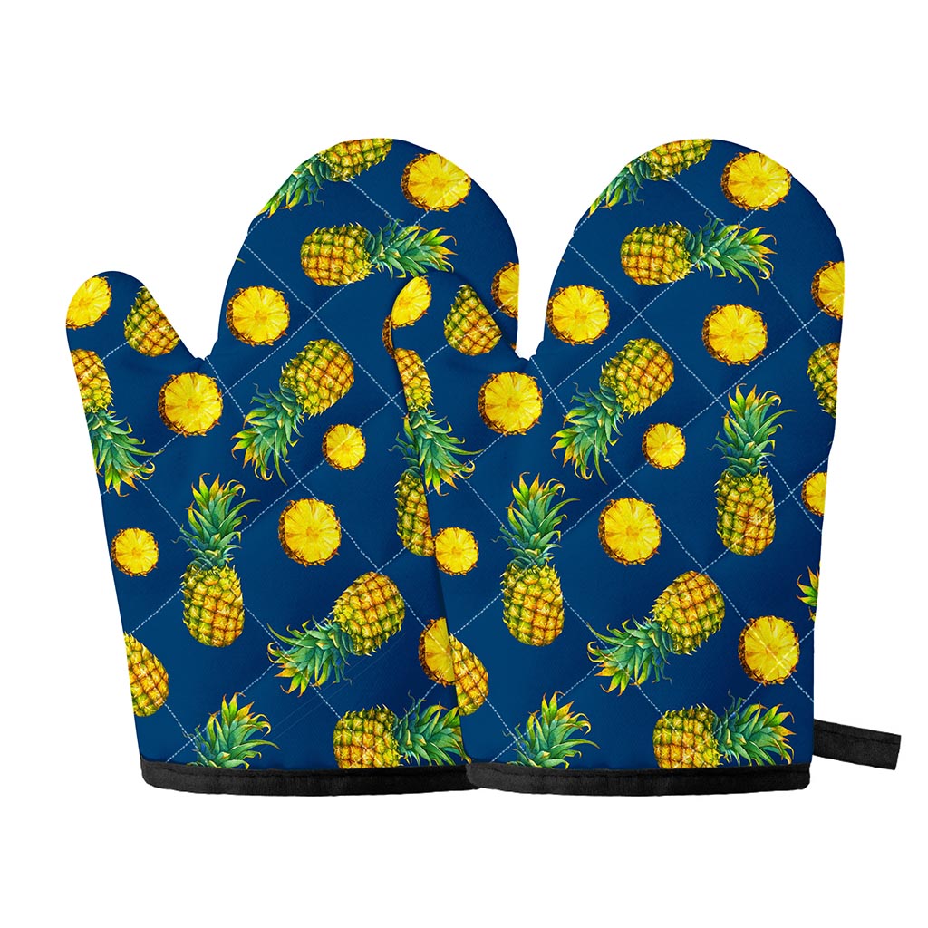 Blue Pineapple Pattern Print Oven Mitts