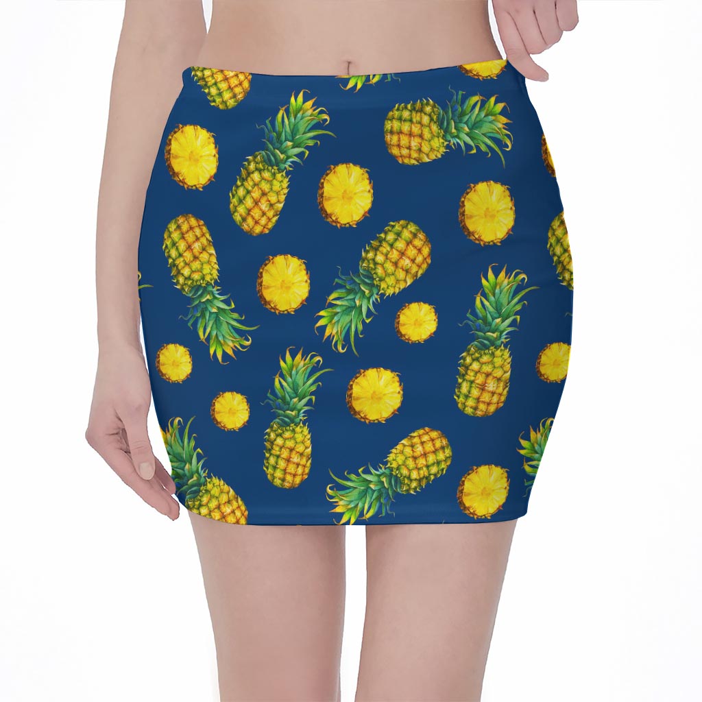 Blue Pineapple Pattern Print Pencil Mini Skirt