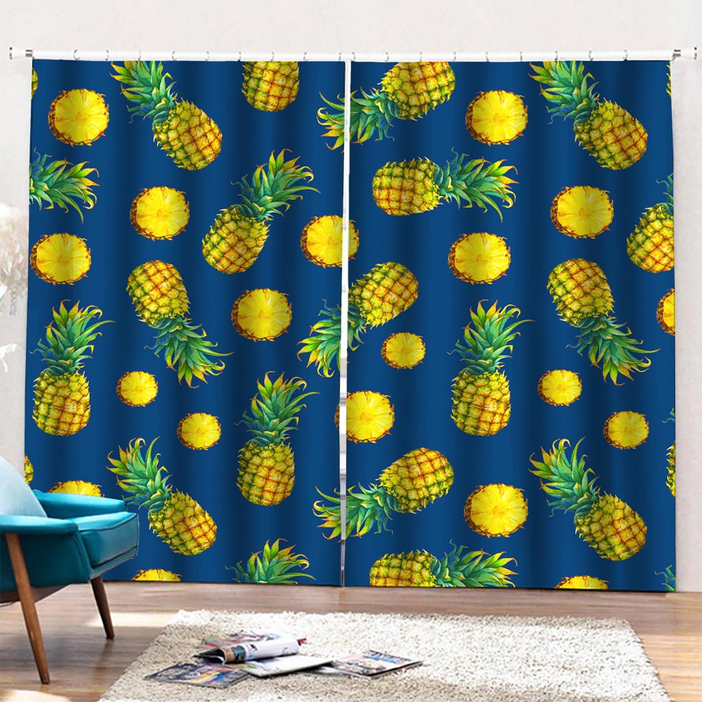 Blue Pineapple Pattern Print Pencil Pleat Curtains