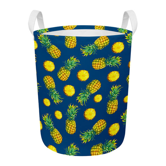 Blue Pineapple Pattern Print Round Laundry Basket