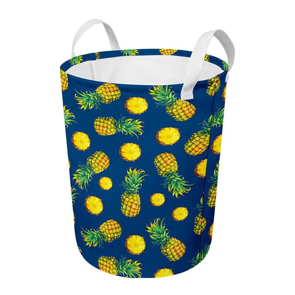 Blue Pineapple Pattern Print Round Laundry Basket