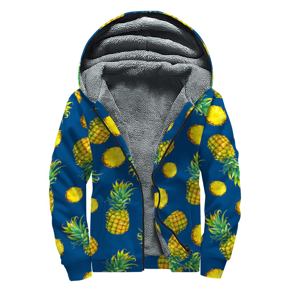 Blue Pineapple Pattern Print Sherpa Lined Zip Up Hoodie