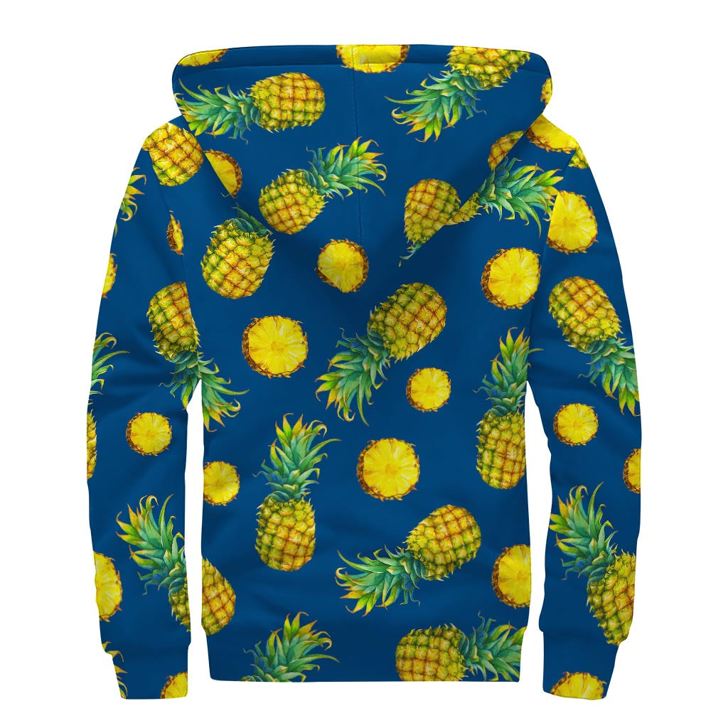 Blue Pineapple Pattern Print Sherpa Lined Zip Up Hoodie