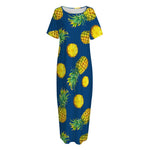 Blue Pineapple Pattern Print Short Sleeve Long Nightdress