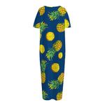 Blue Pineapple Pattern Print Short Sleeve Long Nightdress
