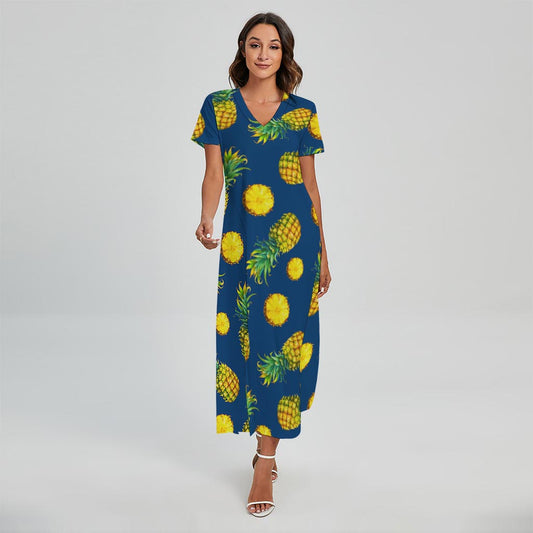 Blue Pineapple Pattern Print Short Sleeve Maxi Dress