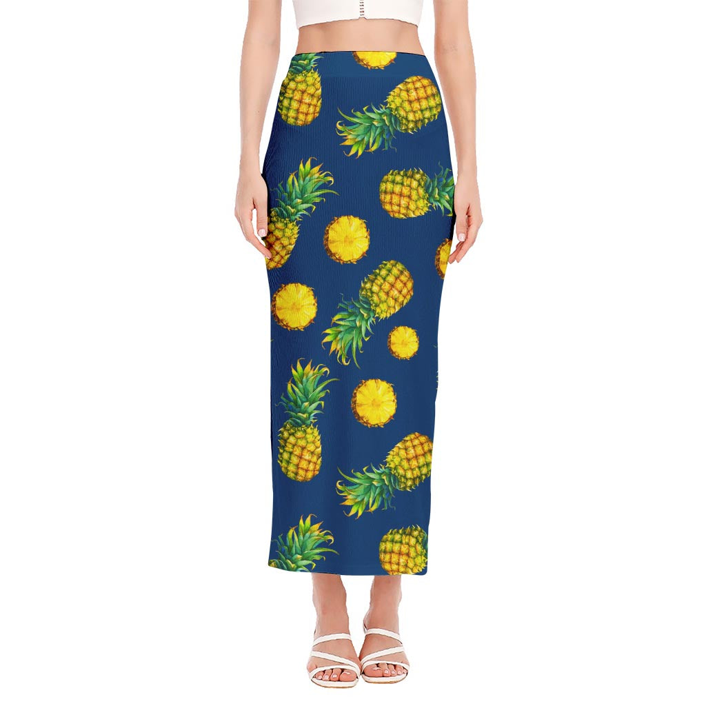 Blue Pineapple Pattern Print Side Slit Maxi Skirt