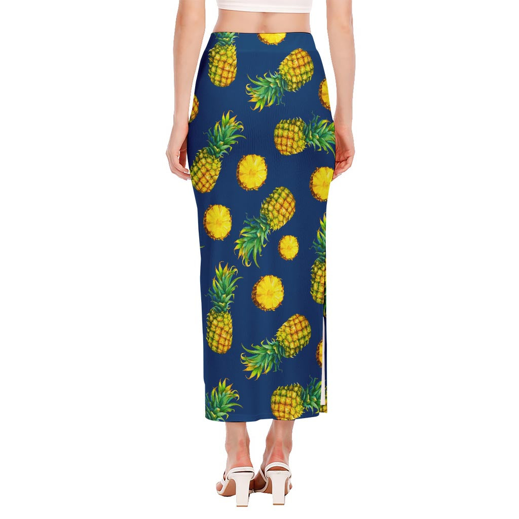 Blue Pineapple Pattern Print Side Slit Maxi Skirt