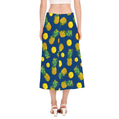 Blue Pineapple Pattern Print Side Slit Midi Skirt