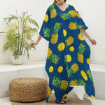 Blue Pineapple Pattern Print Silk V-Neck Kaftan Dress