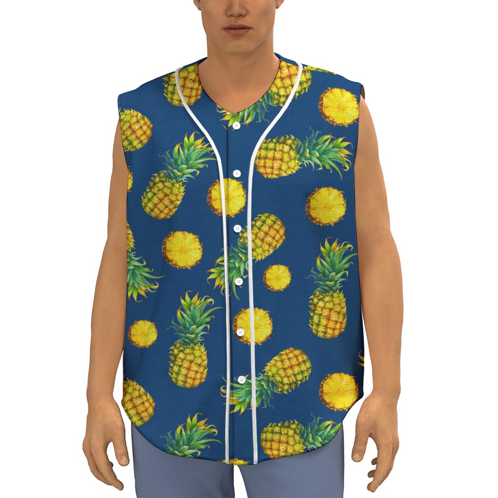 Blue Pineapple Pattern Print Sleeveless Baseball Jersey
