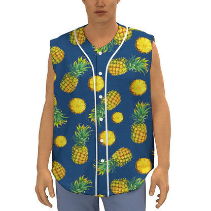 Blue Pineapple Pattern Print Sleeveless Baseball Jersey