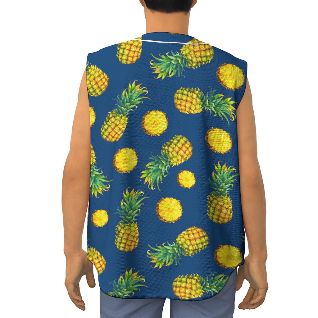 Blue Pineapple Pattern Print Sleeveless Baseball Jersey