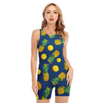 Blue Pineapple Pattern Print Sleeveless One Piece Swimsuit