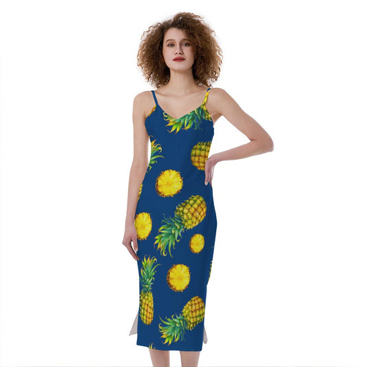 Blue Pineapple Pattern Print Slim Fit Midi Cami Dress