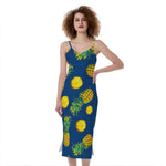 Blue Pineapple Pattern Print Slim Fit Midi Cami Dress