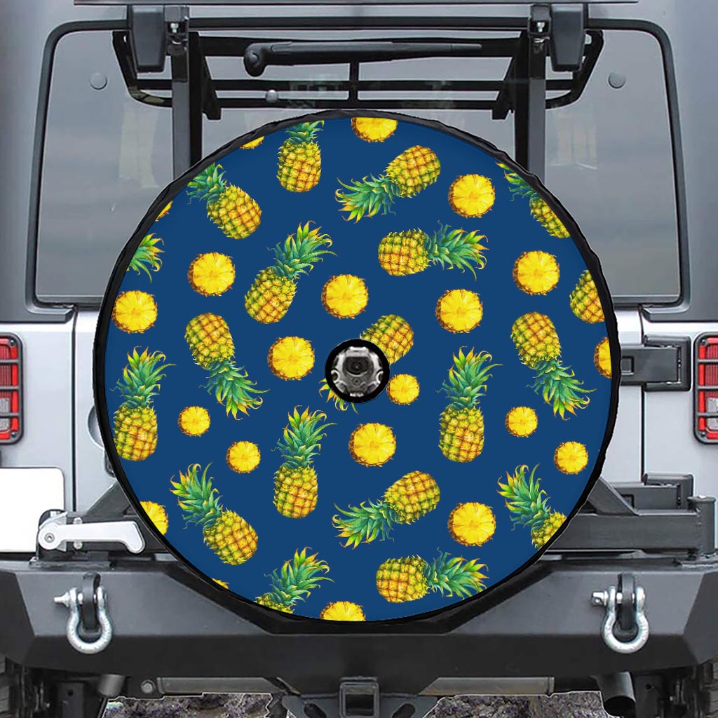 Blue Pineapple Pattern Print Tire Cover With Camera Hole