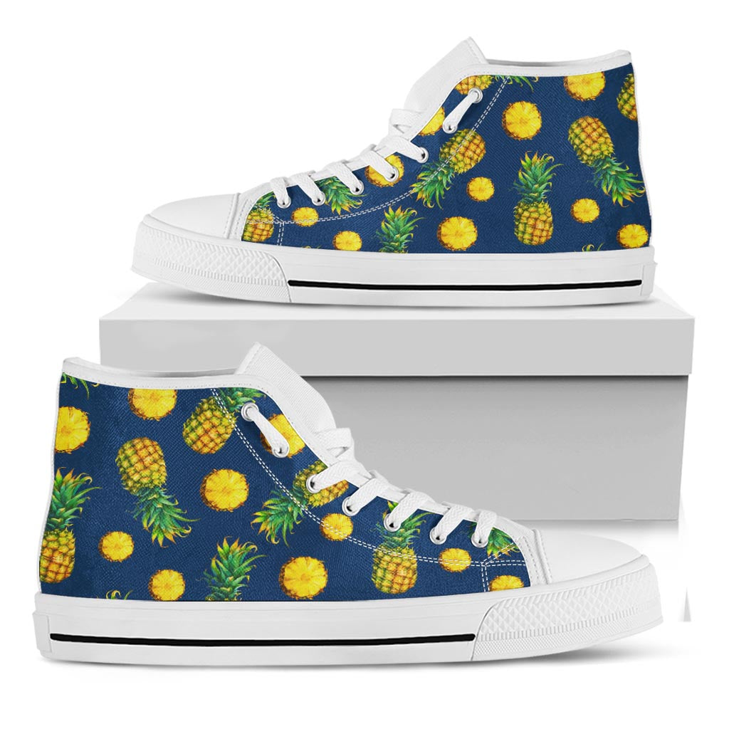 Blue Pineapple Pattern Print White High Top Sneakers