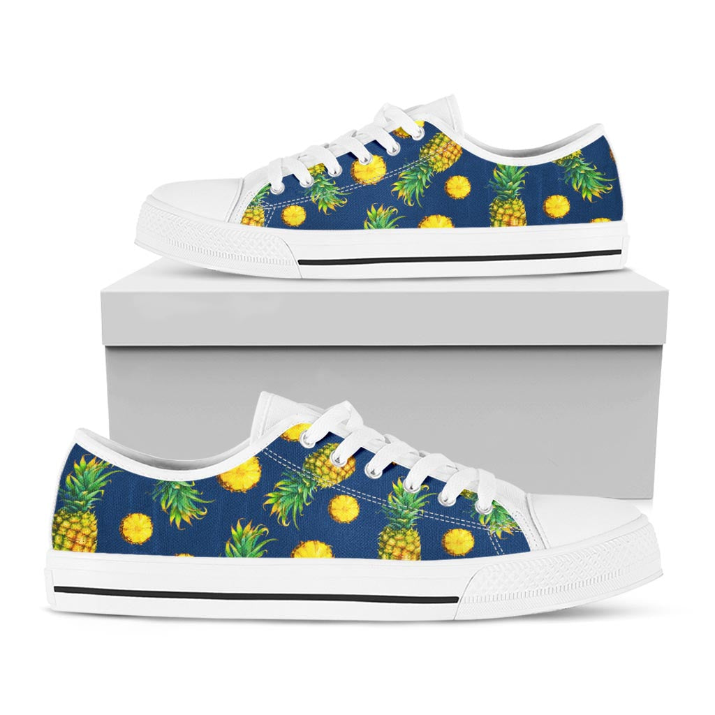 Blue Pineapple Pattern Print White Low Top Sneakers