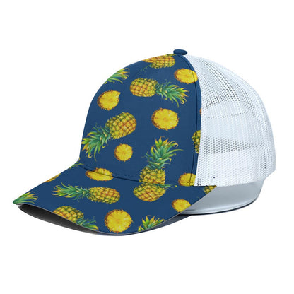 Blue Pineapple Pattern Print White Mesh Trucker Cap