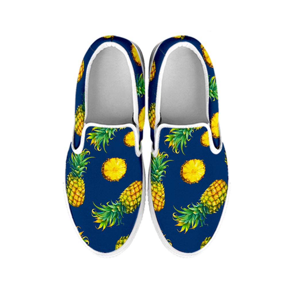 Blue Pineapple Pattern Print White Slip On Sneakers