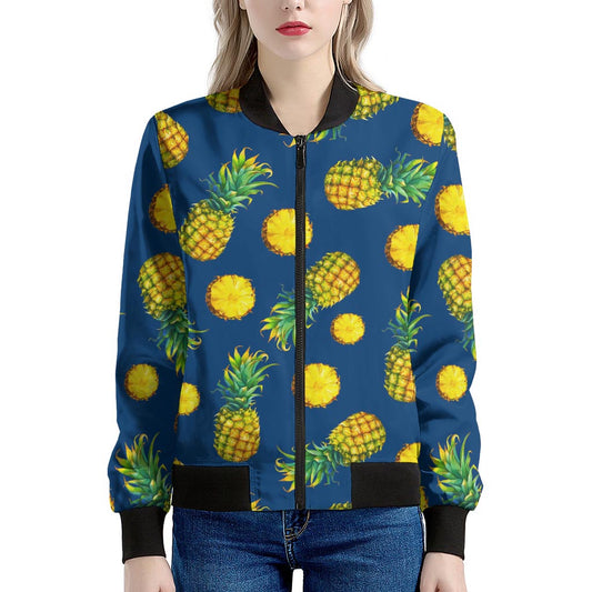 Blue Pineapple Pattern Print Women's Bomber Jacket