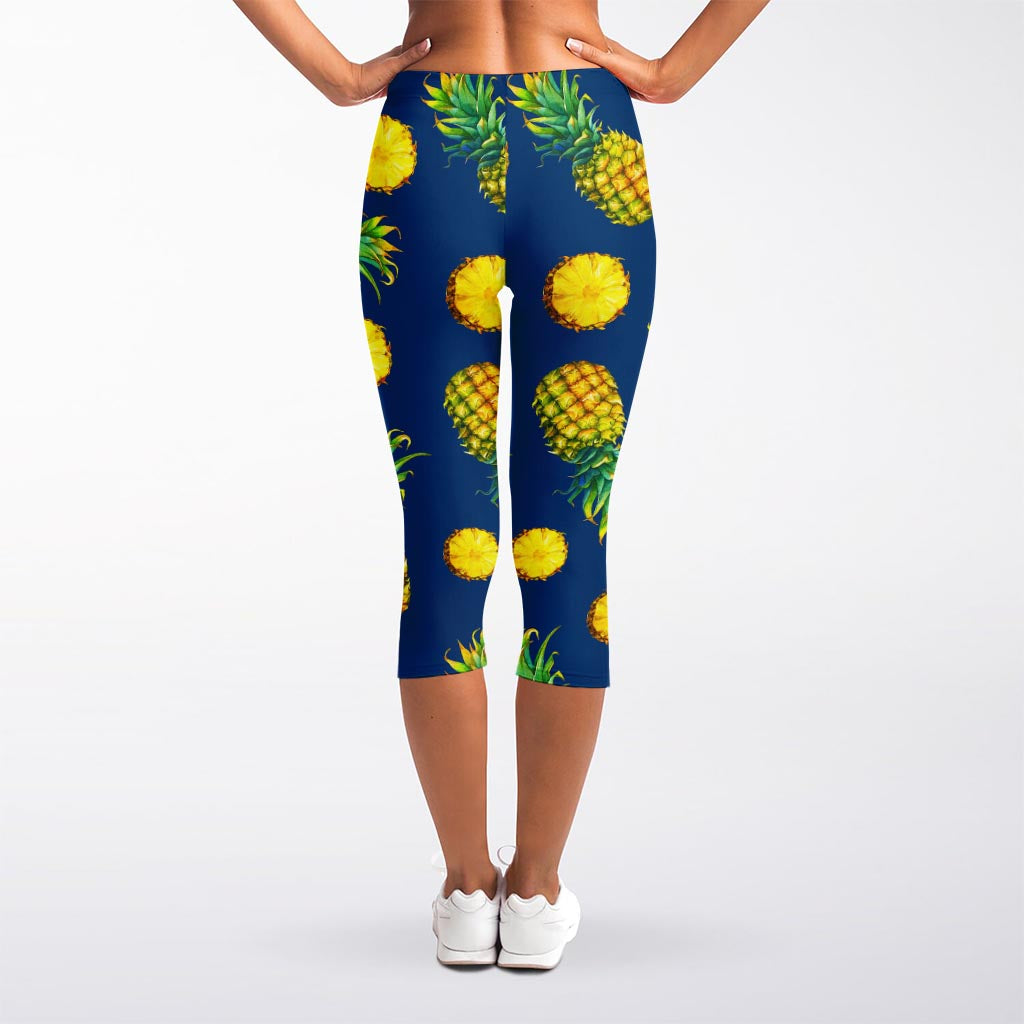 Blue Pineapple Pattern Print Women's Capri Leggings