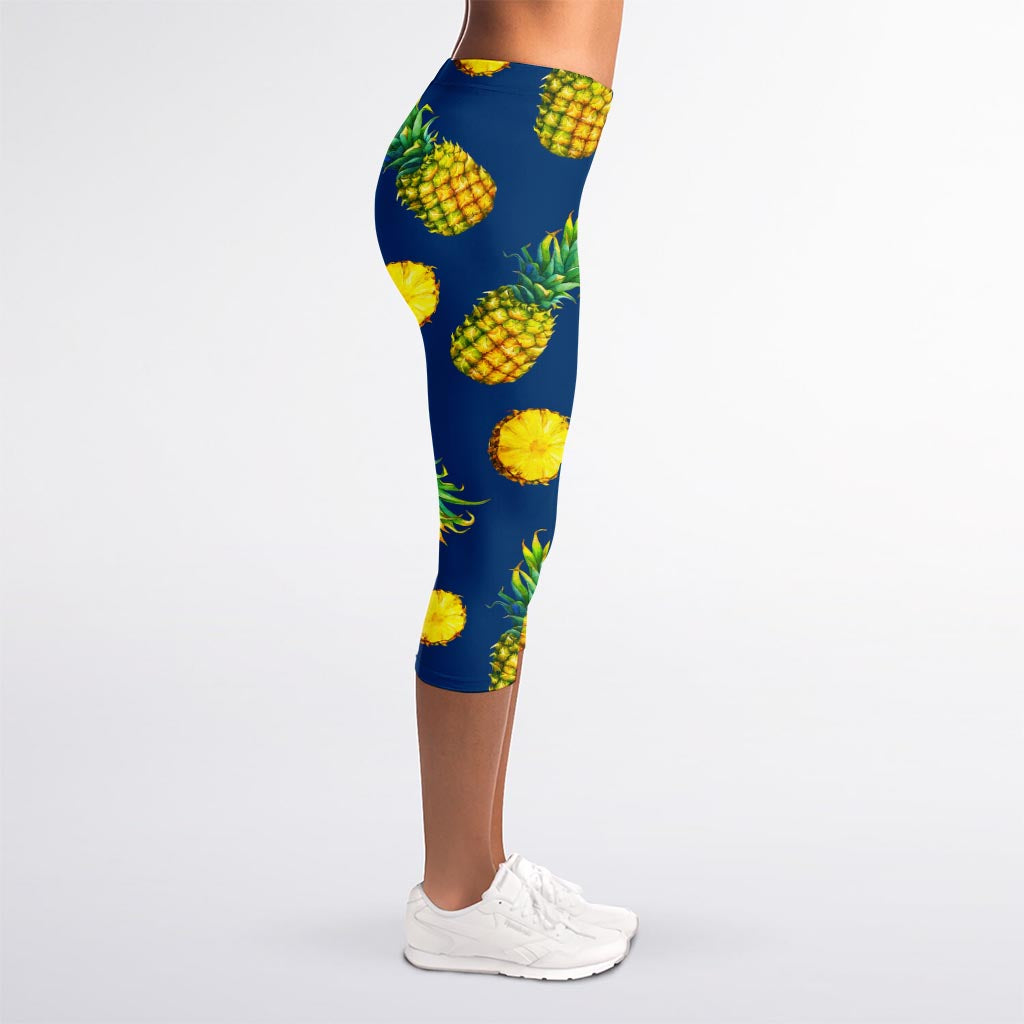 Blue Pineapple Pattern Print Women's Capri Leggings