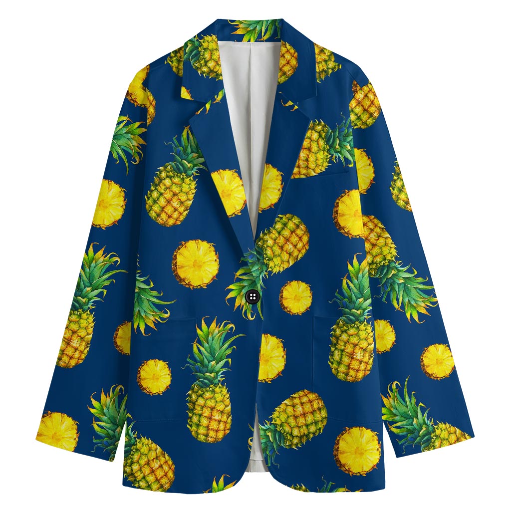 Blue Pineapple Pattern Print Women's Cotton Blazer