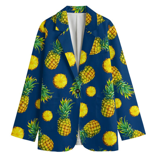 Blue Pineapple Pattern Print Women's Cotton Blazer