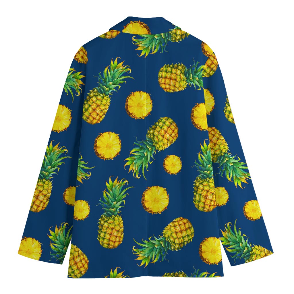 Blue Pineapple Pattern Print Women's Cotton Blazer