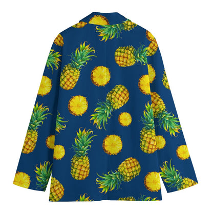 Blue Pineapple Pattern Print Women's Cotton Blazer