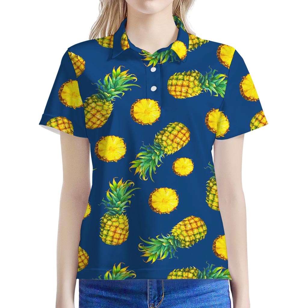 Blue Pineapple Pattern Print Women's Polo Shirt