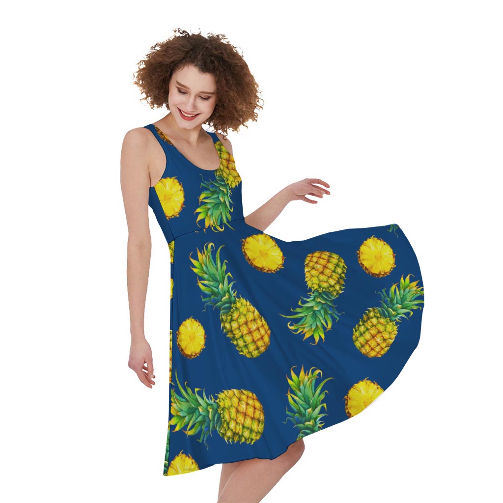Blue Pineapple Pattern Print Women's Sleeveless Dress