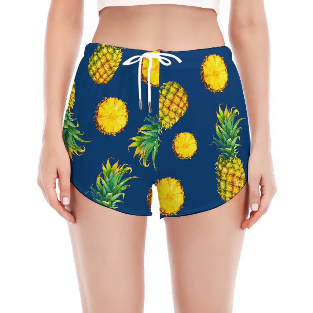 Blue Pineapple Pattern Print Women's Split Running Shorts