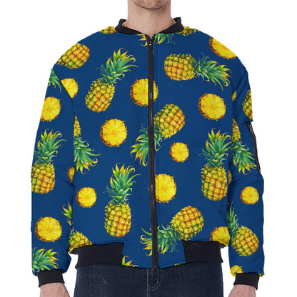 Blue Pineapple Pattern Print Zip Sleeve Bomber Jacket