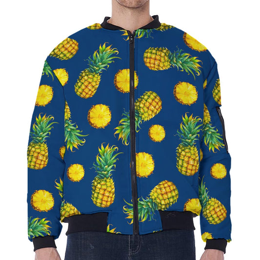 Blue Pineapple Pattern Print Zip Sleeve Bomber Jacket