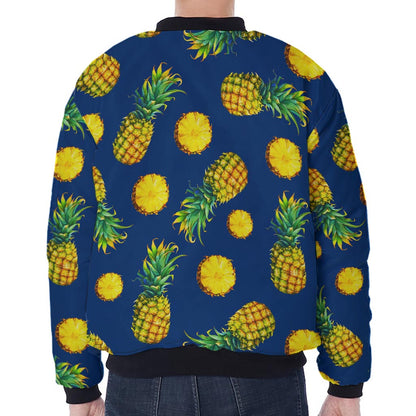 Blue Pineapple Pattern Print Zip Sleeve Bomber Jacket