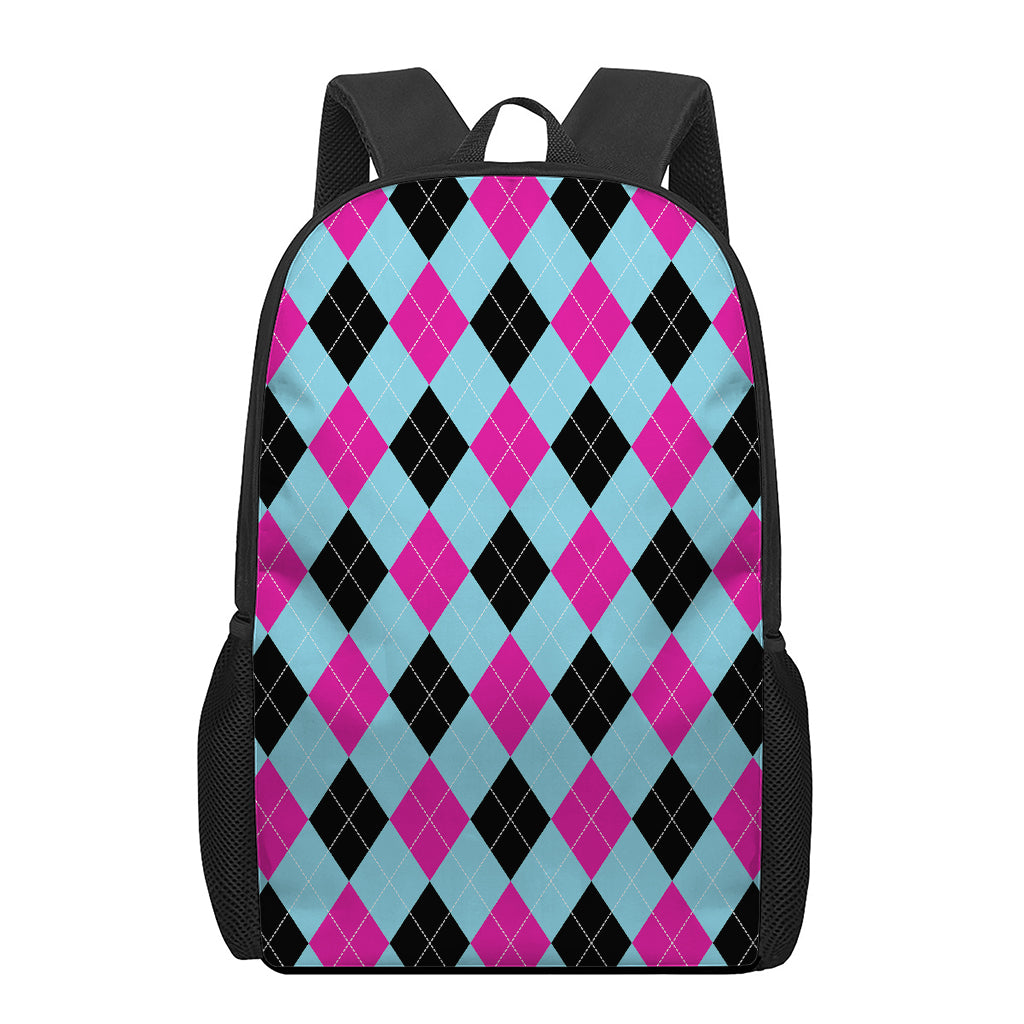 Blue Pink And Black Argyle Pattern Print 17 Inch Backpack